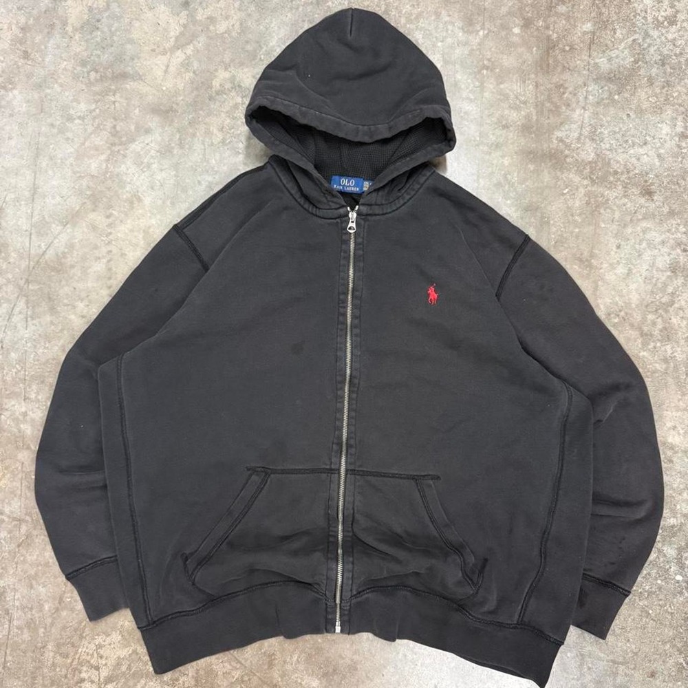 Polo Ralph Lauren Black Full Zip Thermal Lined Hoodie Mens XXL Red Pony Vintage